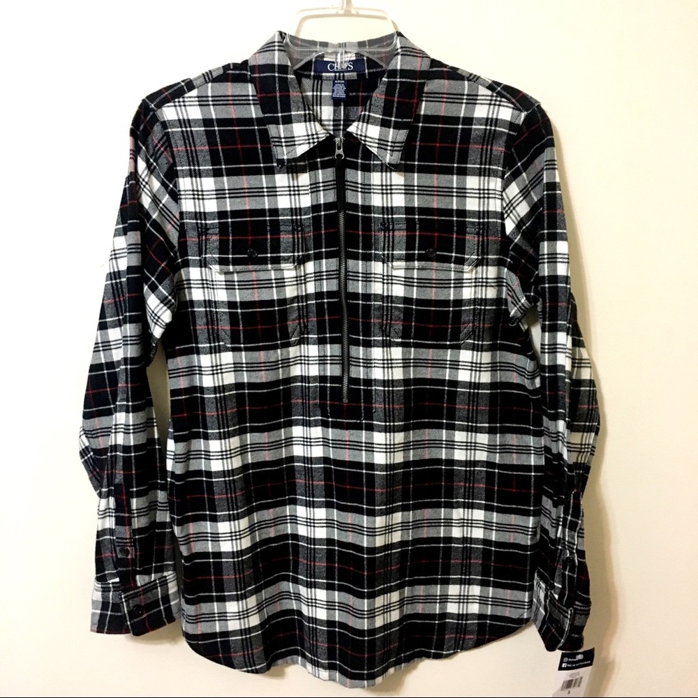 Chaps Flannel Plaid Top Black White and Red Small
